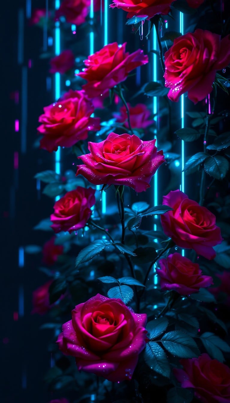 A glowing cyber romantic garden under deep neon amethyst lighting, representing our safe perimeter